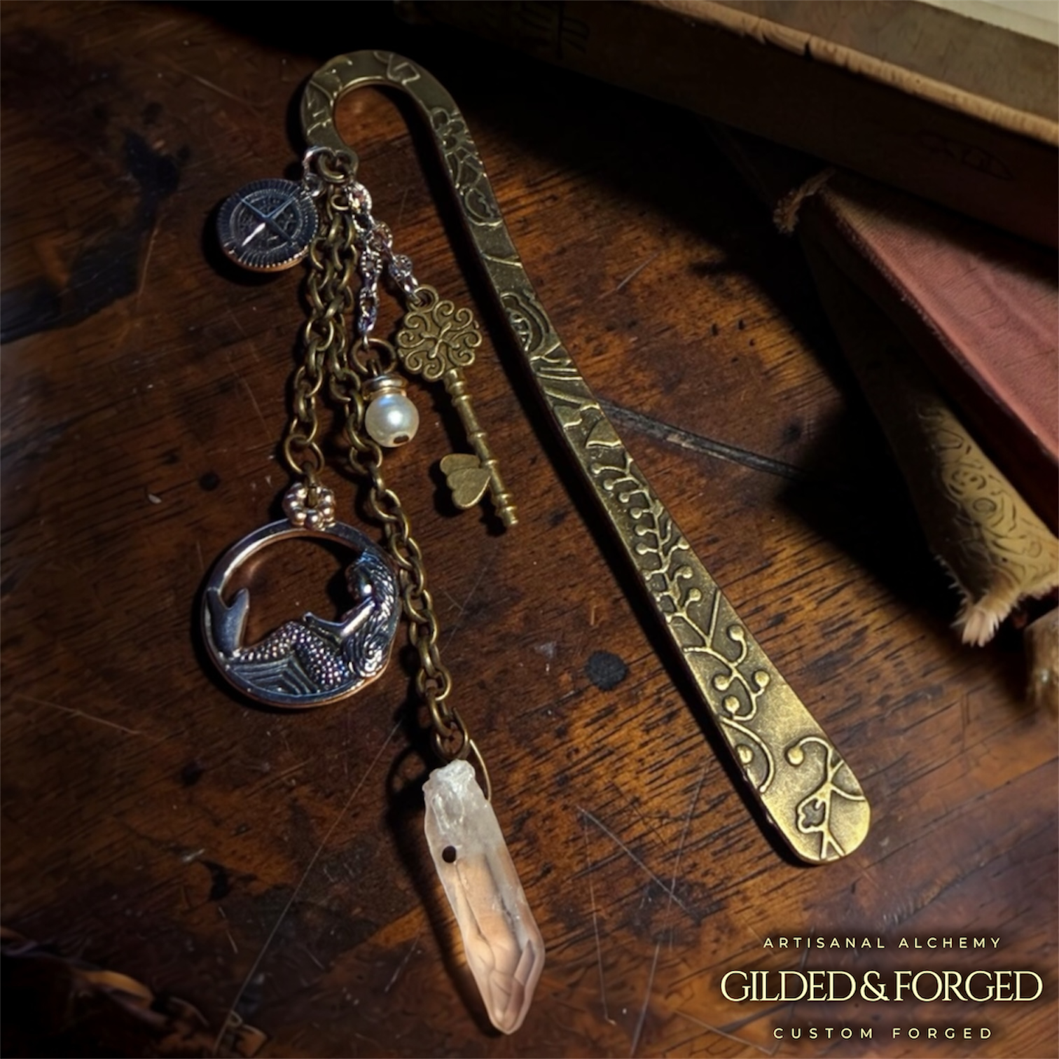Handmade nautical metal bookmark with charms and quartz crystal